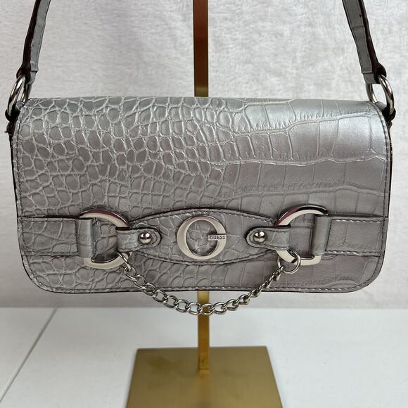 Vtg Y2K Guess Mini Bag Silver Croc Embossed Chain Accent Purse Handbag Retro - Picture 3 of 16